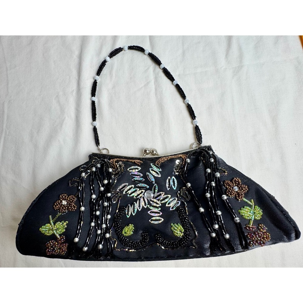 VTG Y2K Black Satin Beaded Floral Kiss Lock Butterfly Prom Evening‎ Bag Clutch